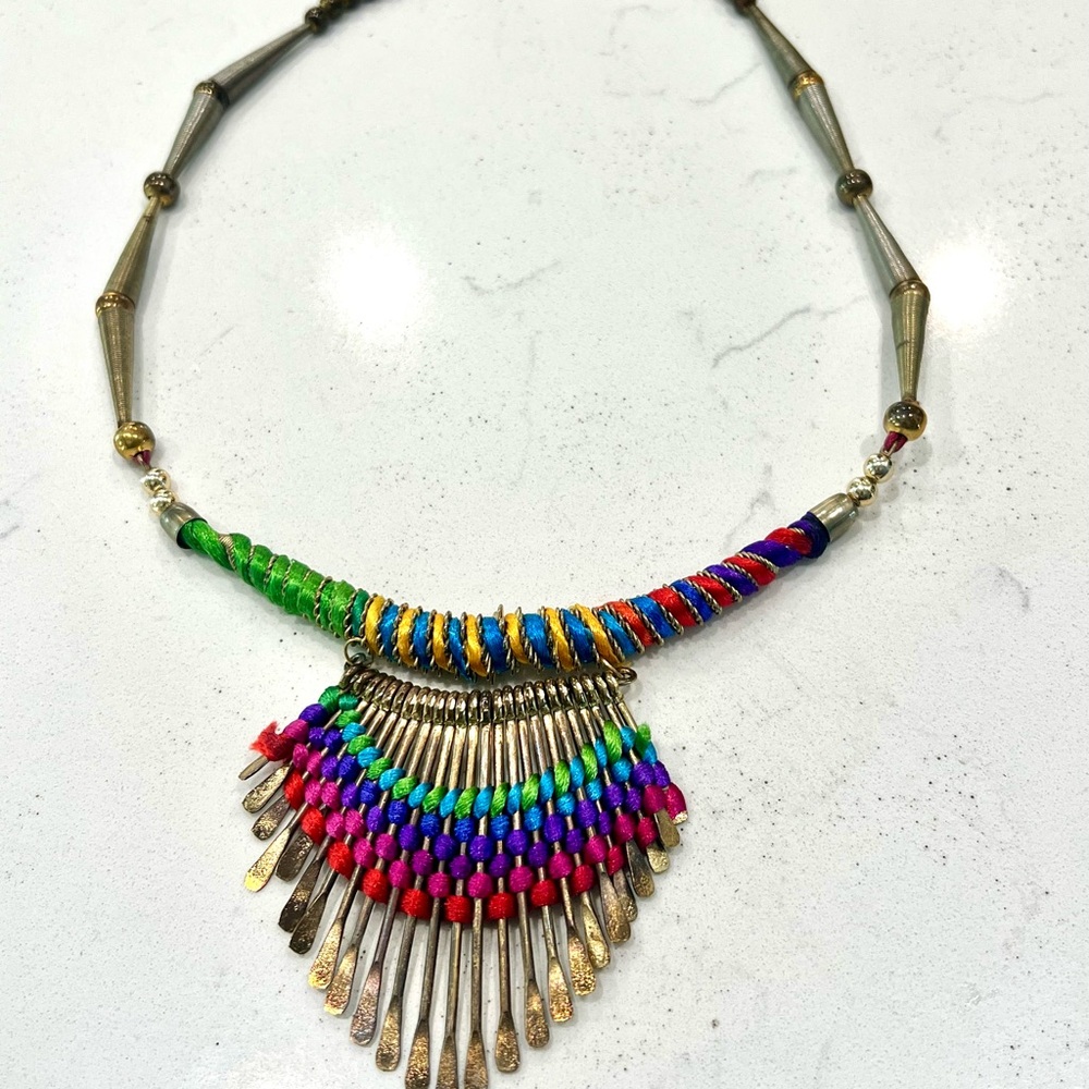 Bright Colorful Threaded Necklace Green Blue Pink Gold Tribal Boho